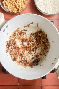 top down view of caramelized onions for pulao