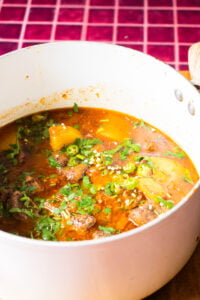 final aloo gosht garnished with cilantro and green chilies