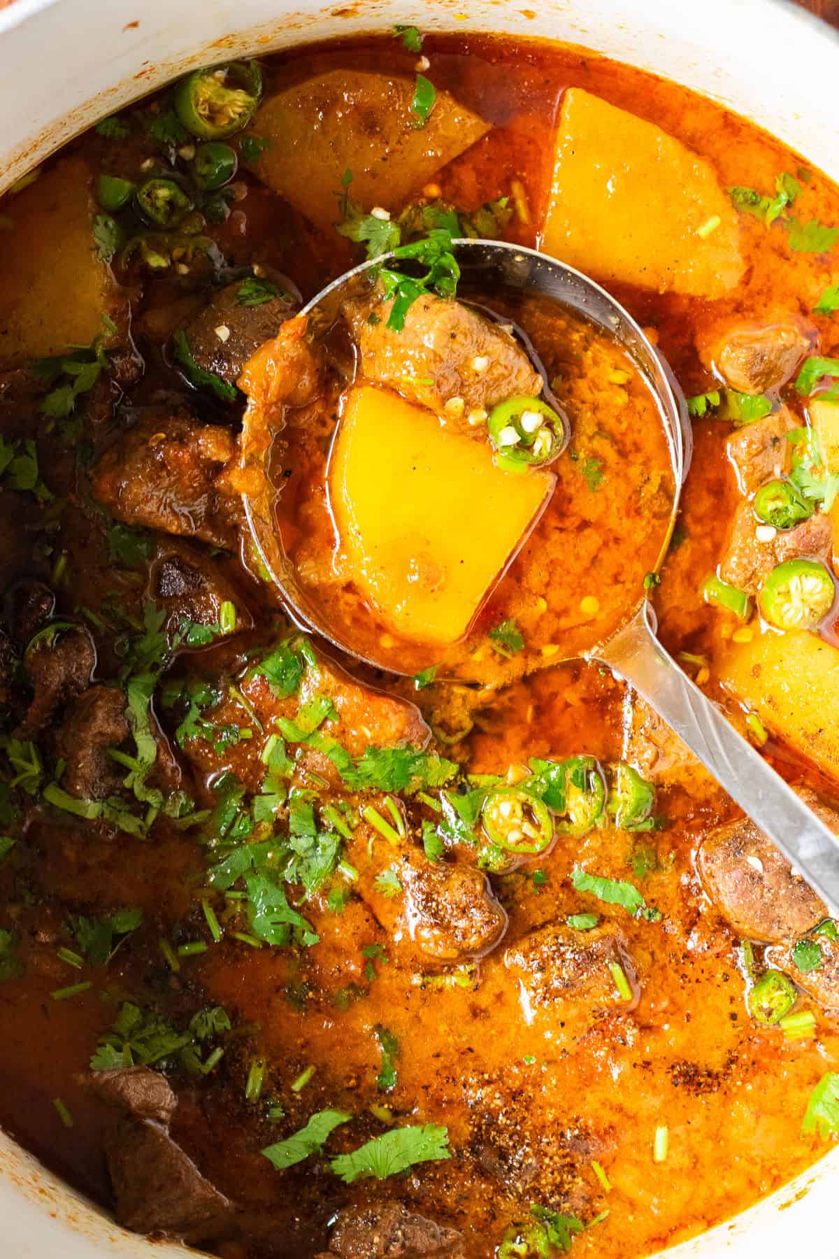 a serving spoon in a pot of Pakistani beef and potato curry.