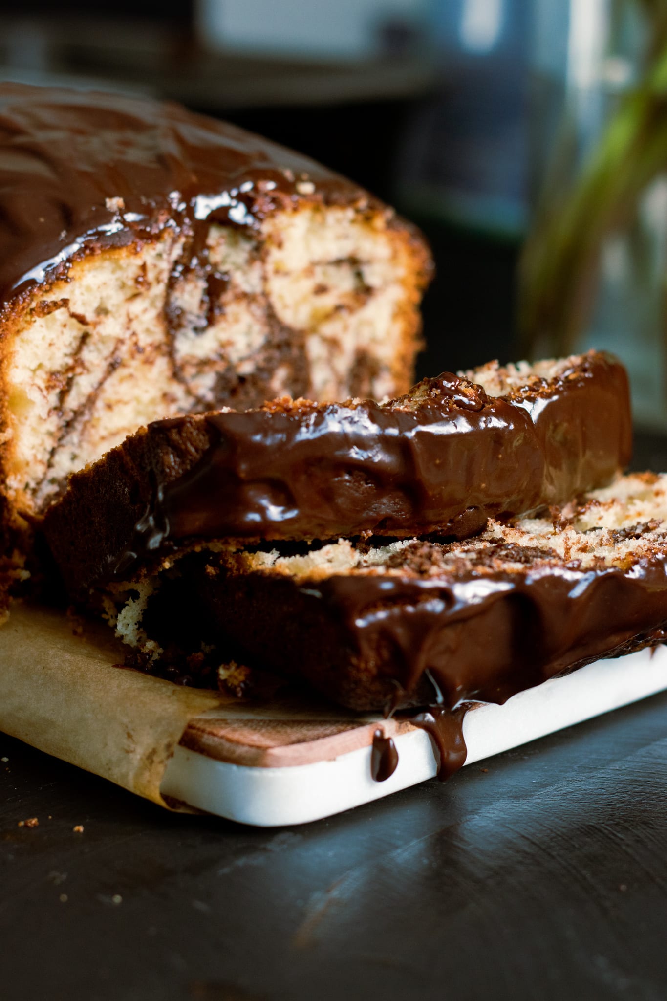 sliced marble cake, the ganache dripping