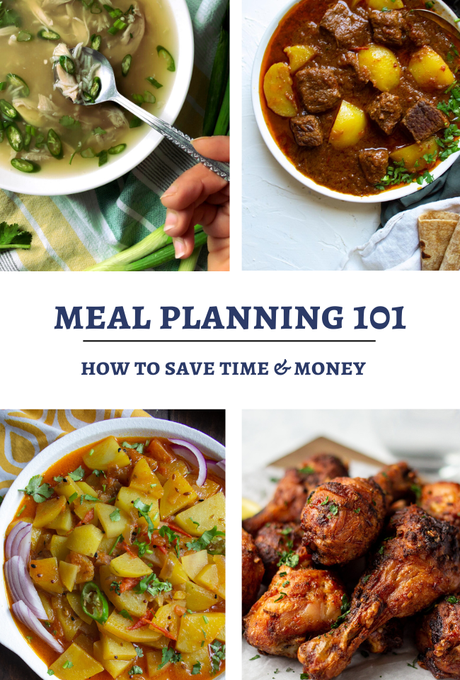 A collage with bowls of soup, beef stew, potato curry, and roasted chicken drumsticks highlights Meal Planning 101: How to Save Time & Money at the center.