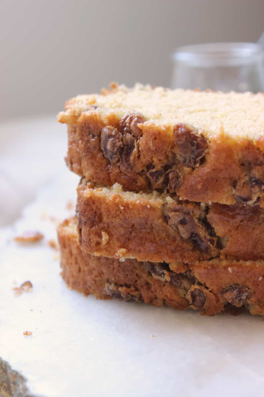A stack of slices of maple pecan cake