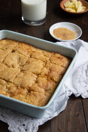 a pan of apple snack cake cut into squares