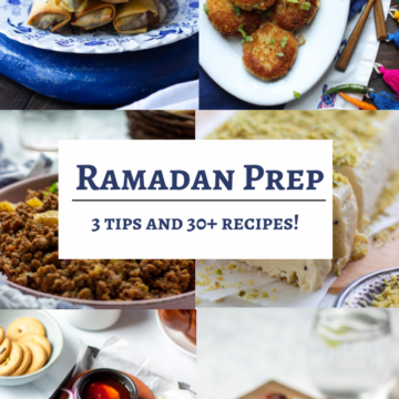 A collage of six images featuring various Ramadan Prep dishes, including spring rolls, patties, spiced ground meat, rice with nuts, kebabs, and glazed chicken drumsticks. Text in the center reads,