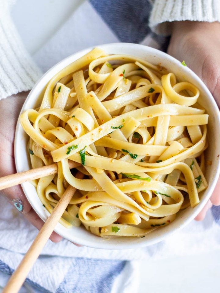 Chili Garlic Noodles in a Bowl with Chopsticks