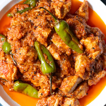 top down view of achari chicken