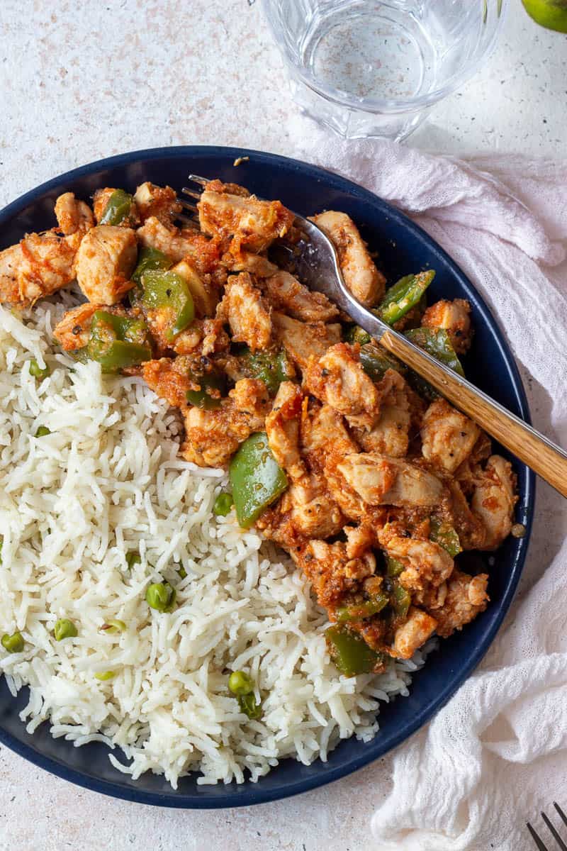 top down view of chicken jalfrezi and rice