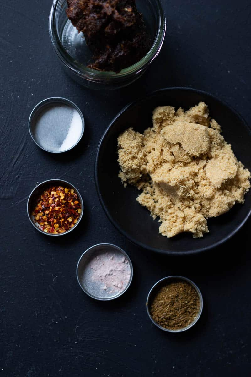 Ingredients for Imli ki Chutney - Imli, Brown Sugar, Roasted Cumin and Coriander, Salt, Pink Salt, and Chilli Flakes.