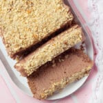 Partial top down view of Nutella Cheesecake Loaf with two slices cut