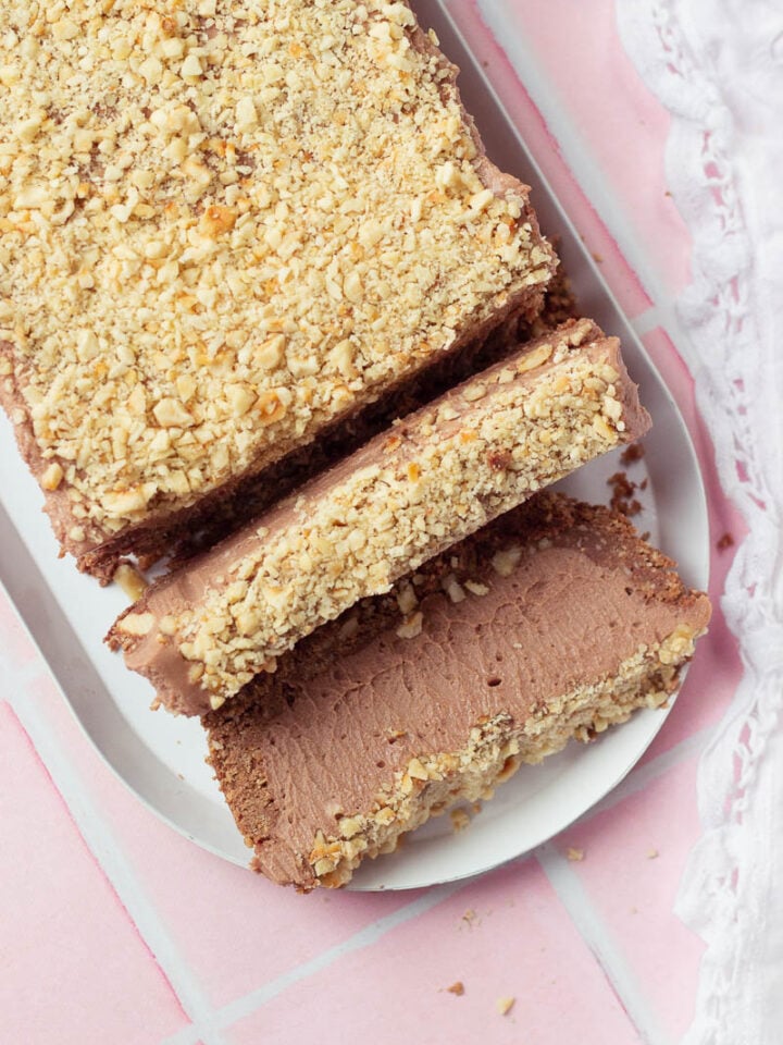 Partial top down view of Nutella Cheesecake Loaf with two slices cut