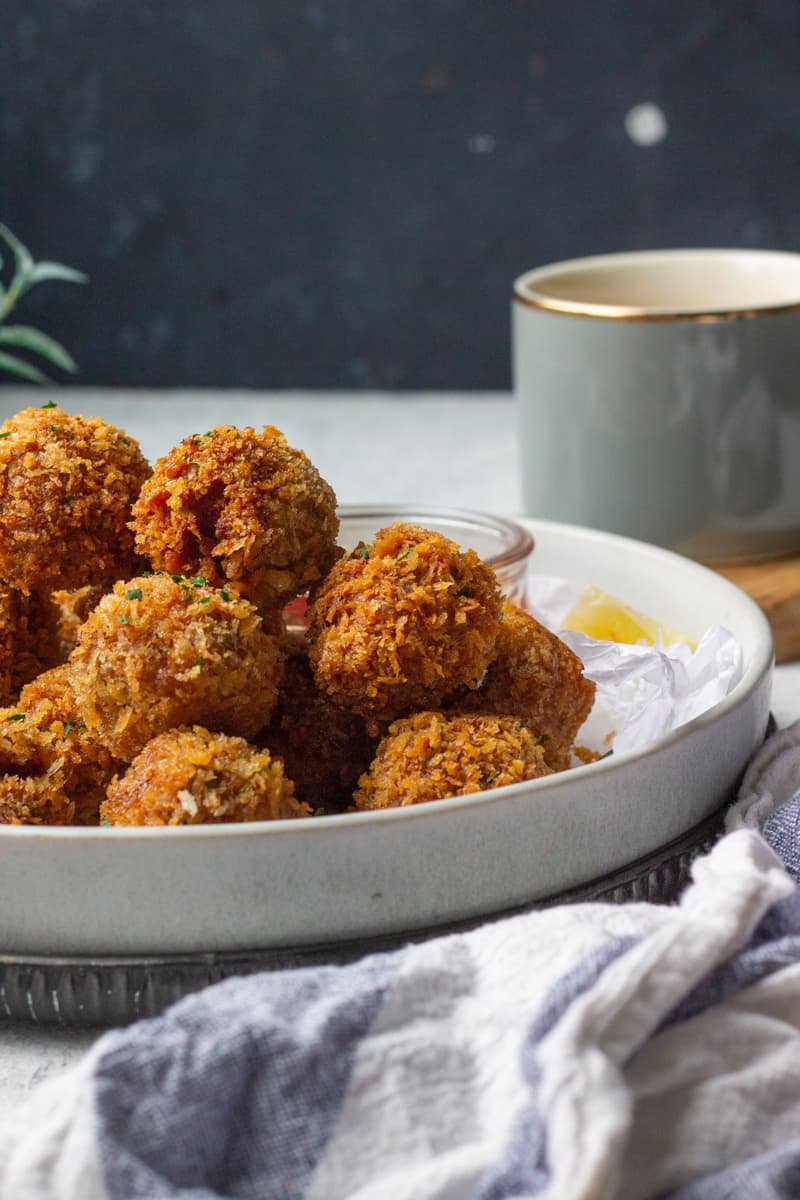 Crunchy Fried Chicken Balls, ¾ view on a plate