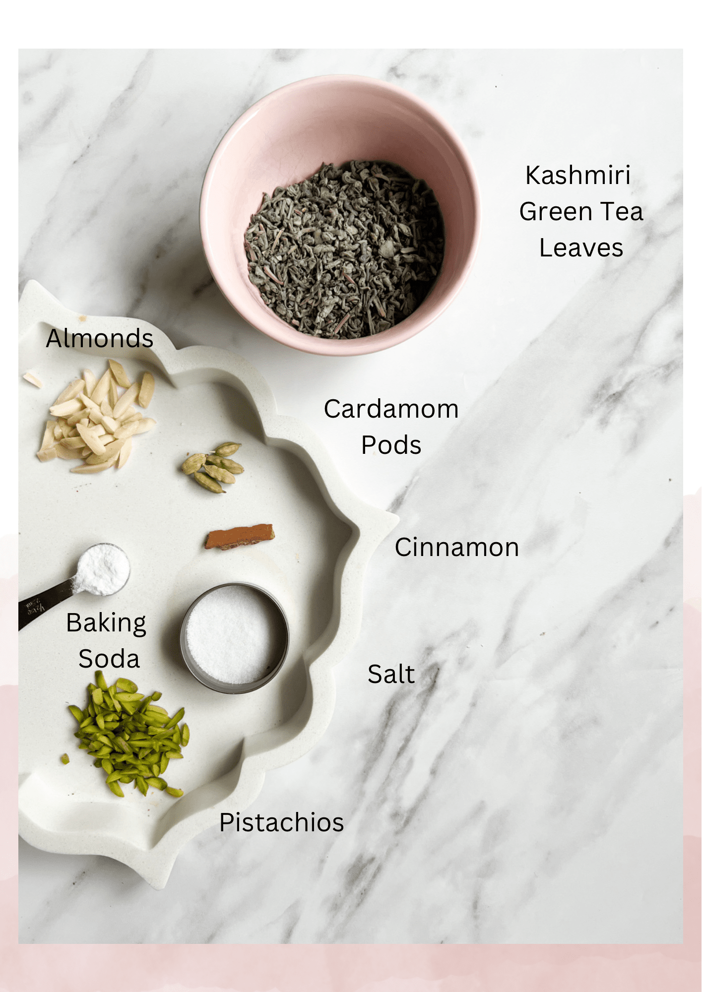 Kashmiri Chai ingredients - tea leaves, baking soda, cardamom, cinnamon, almonds, pistachios, and salt