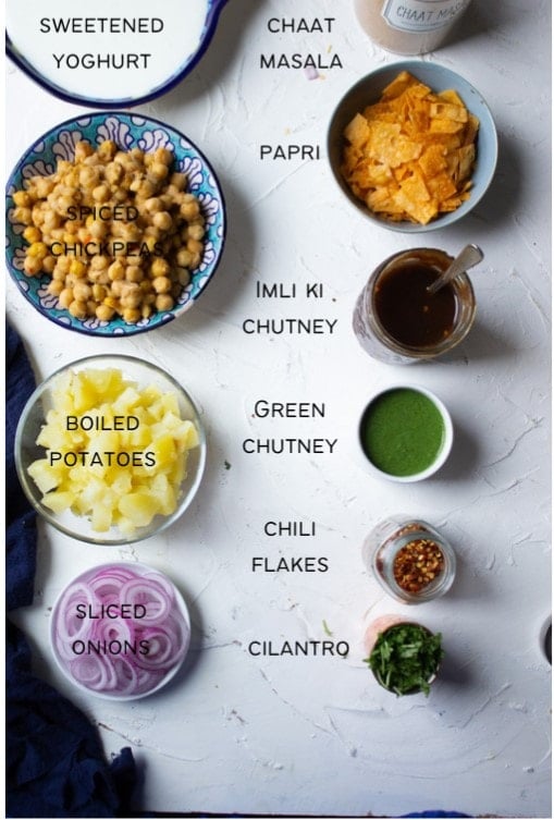 top down view of dahi aloo chana chaat ingredients