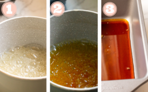 Three-step process for Caramel Custard: 1) Sugar mixture boiling in a pot, 2) Mixture turning golden brown, 3) Caramel poured into a rectangular baking pan. Each step is labeled with numbers 1, 2, and 3.