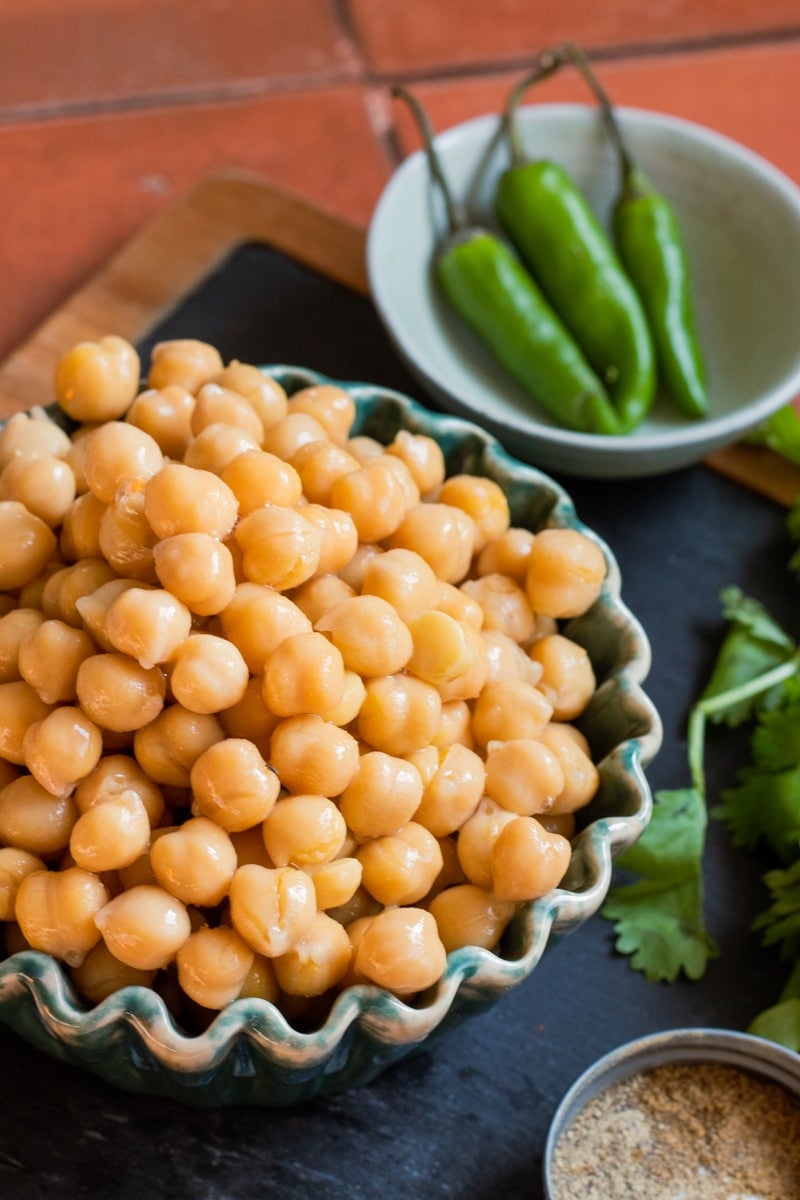 chickpeas in a green bowl