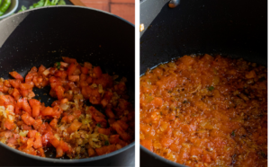 Side-by-side images showing a cooking pot with chopped tomatoes and onions on the left, and a pot of simmered, blended tomato sauce on the right, capturing the rich transformation essential for dishes like Murgh Cholay.