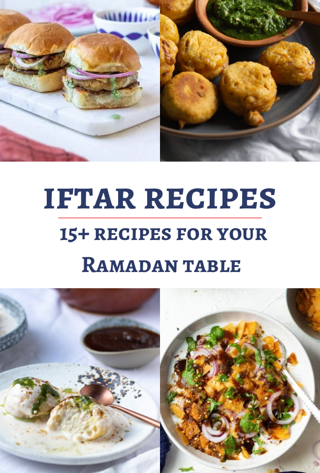 A collage of four dishes—sliders, fritters with green sauce, a syrupy dessert, and a savory entrée. In the center, text reads: Iftar Recipes: 15+ recipes for your Ramadan table. Perfect inspiration for delicious Iftar recipes this season.
