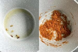 A split image showing a pot with oil and whole spices on the left, and the same pot with browned seviyan noodles on the right, illustrating an essential step in making Sheer Khurma.
