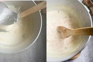 Two images. (1) condensed milk being added to seviyan, (2) the final dish