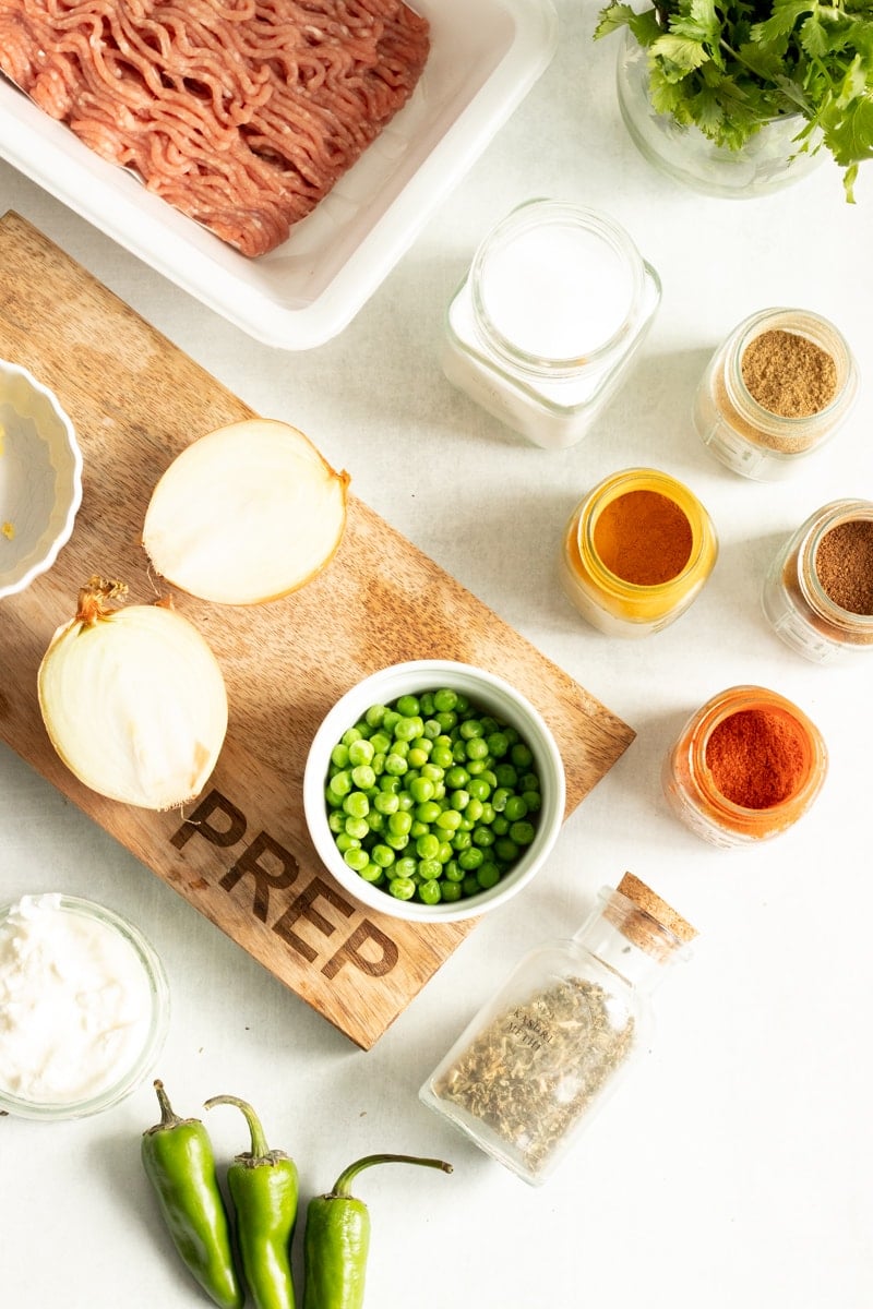 top down view of ingredients for chicken keema