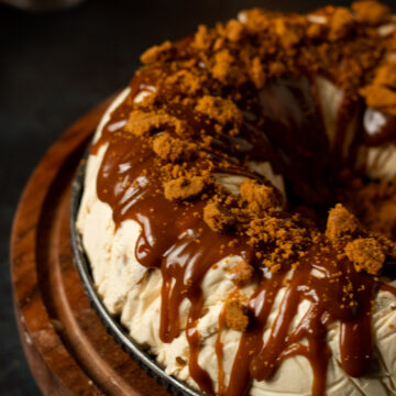 partial ¾ view of a biscoff ice cream cake