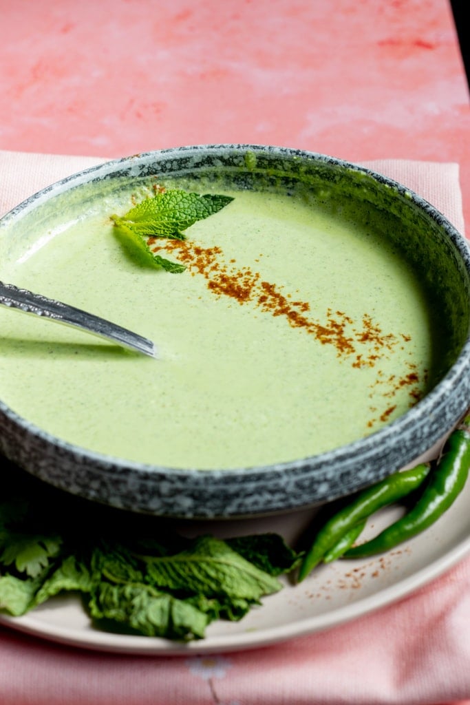 a bowl of mint chutney or pudina ka raita