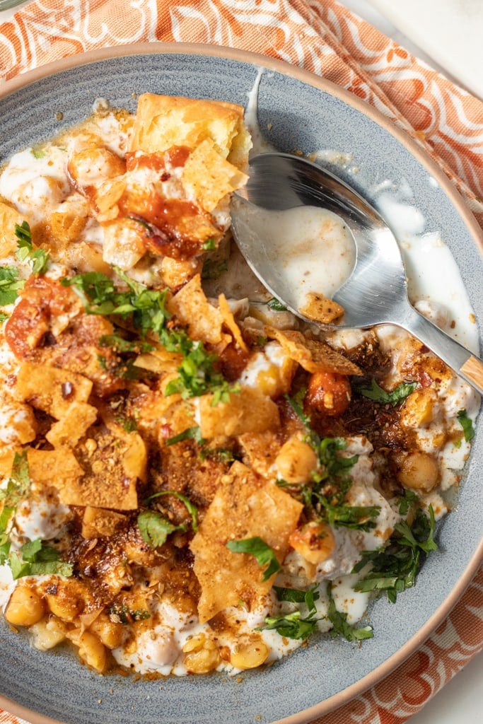 top down view of a plate of samosa chaat