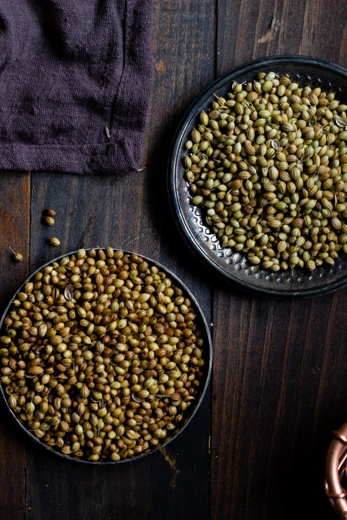 Roasted Coriander Seeds (left) and Unroasted Coriander Seeds (Right)