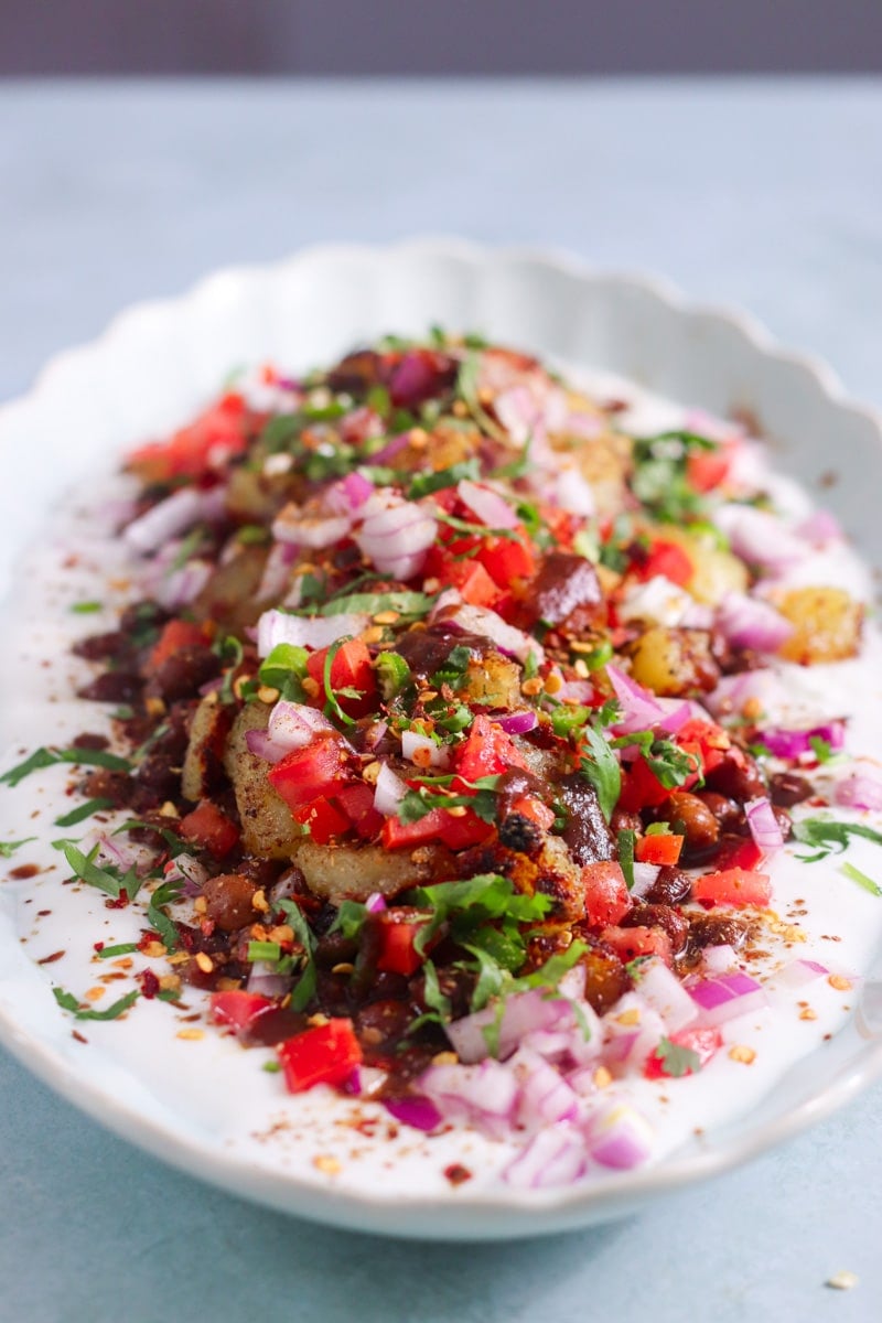 kala chana chaat plated in a beautiful dish