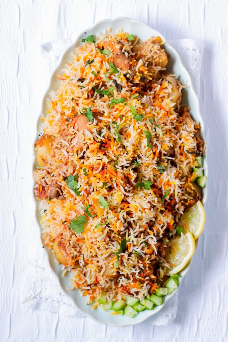 top down view of a dish of chicken biryani