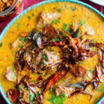 top down view of a richly flavored dal gosht