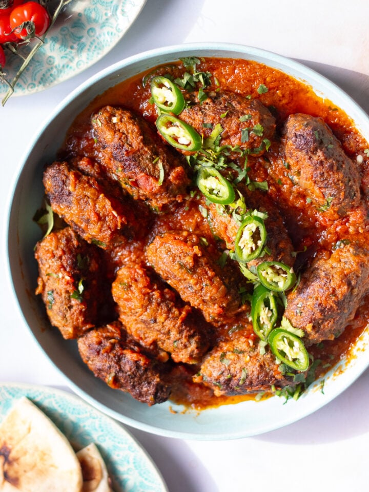top down view of a plate of handi kabab